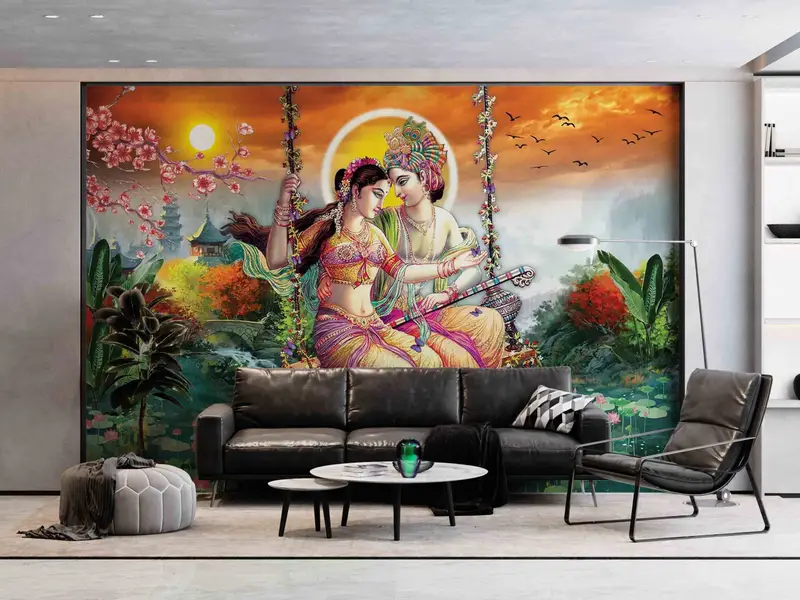Reproduction Wall Mural, Radha Krishna Wall Mural, Hindu Gift Wallpaper, Radha Krishna Painting Wall Decor, Layered Paper Art, - 3