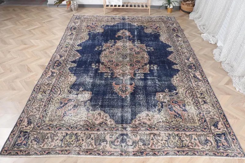 Handmade Blue Oriental Rug, 6,2x10,8 ft with Orange Accents