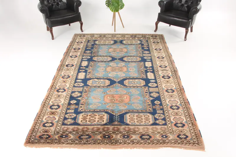 Turkish Rug, 6x7.1 ft Vintage Rug, Blue Brown Floral Wool Rug - 1