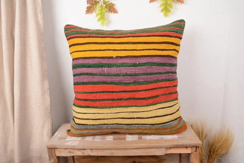 Brown & Purple Striped Throw Pillow, 28x28 Embroidered Cushion