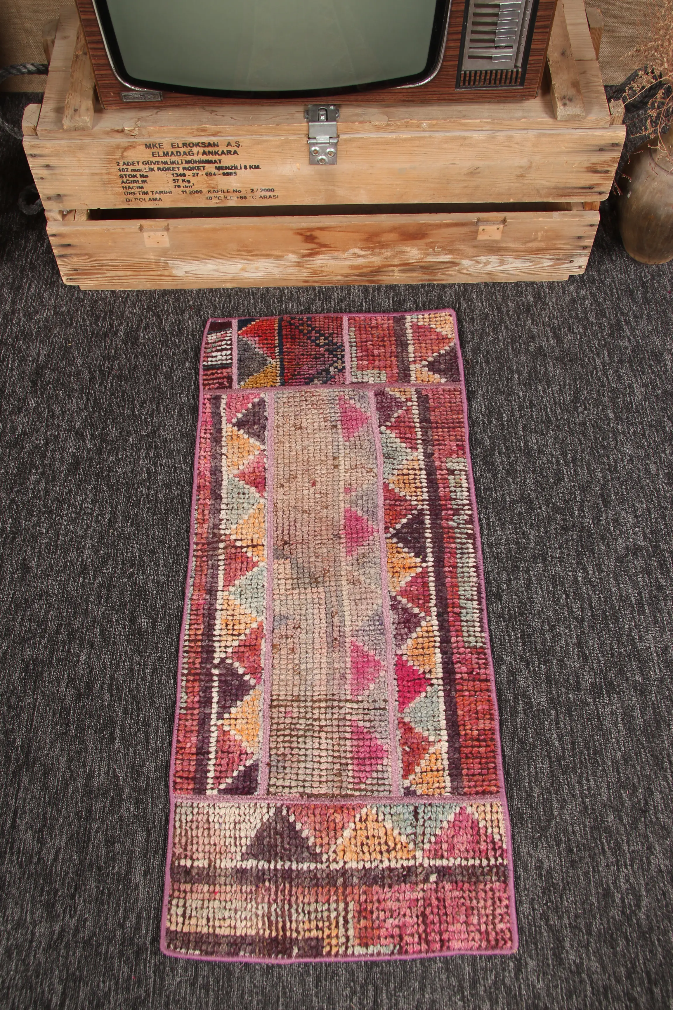 Vintage 1.5x3.6 ft Rug, Small Turkish Rug, Pink Rainbow Geometric Rug - 1