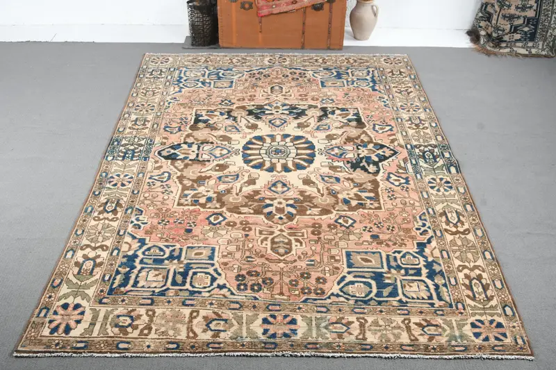 Vintage Türk Halısı, 6.6x10.2 ft Oushak Halı, Mavi Büyük Patchwork Halı - 1