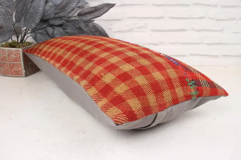 Turkish Pillow, Pillow Cover, 12x24 Red Cushion, Vintage Kilim Pillow, Customized Pillow Case, Handmade Kilim Cushion, Retro Pillow Sham - 6