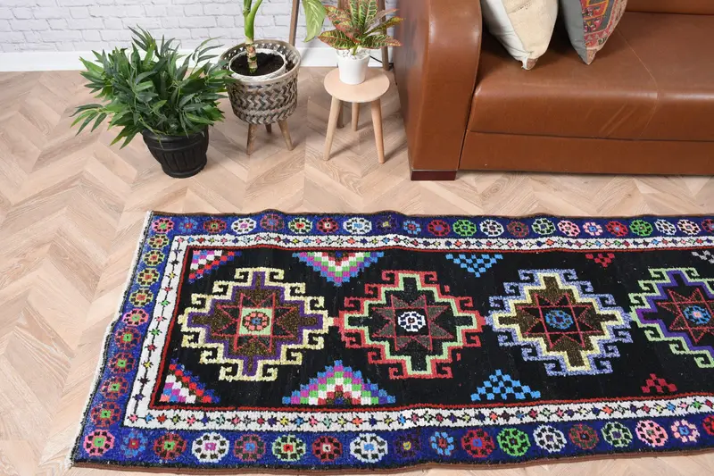 Türkischer Vintage Teppich, 2,7x12,2 ft Läuferteppich, Blauer Herki Marokkanischer Teppich - 1