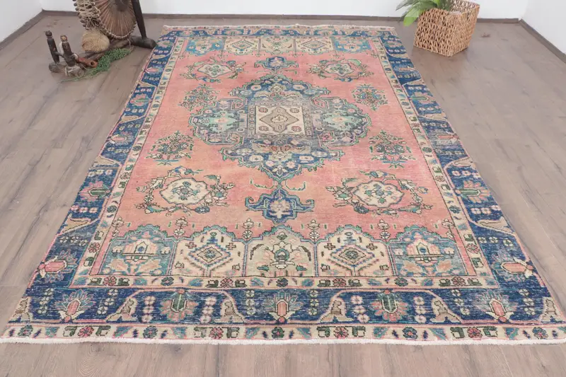 5.9x9.3 ft Rug, Turkish Vintage Large Rug, Blue Oushak Wool Rug - 1
