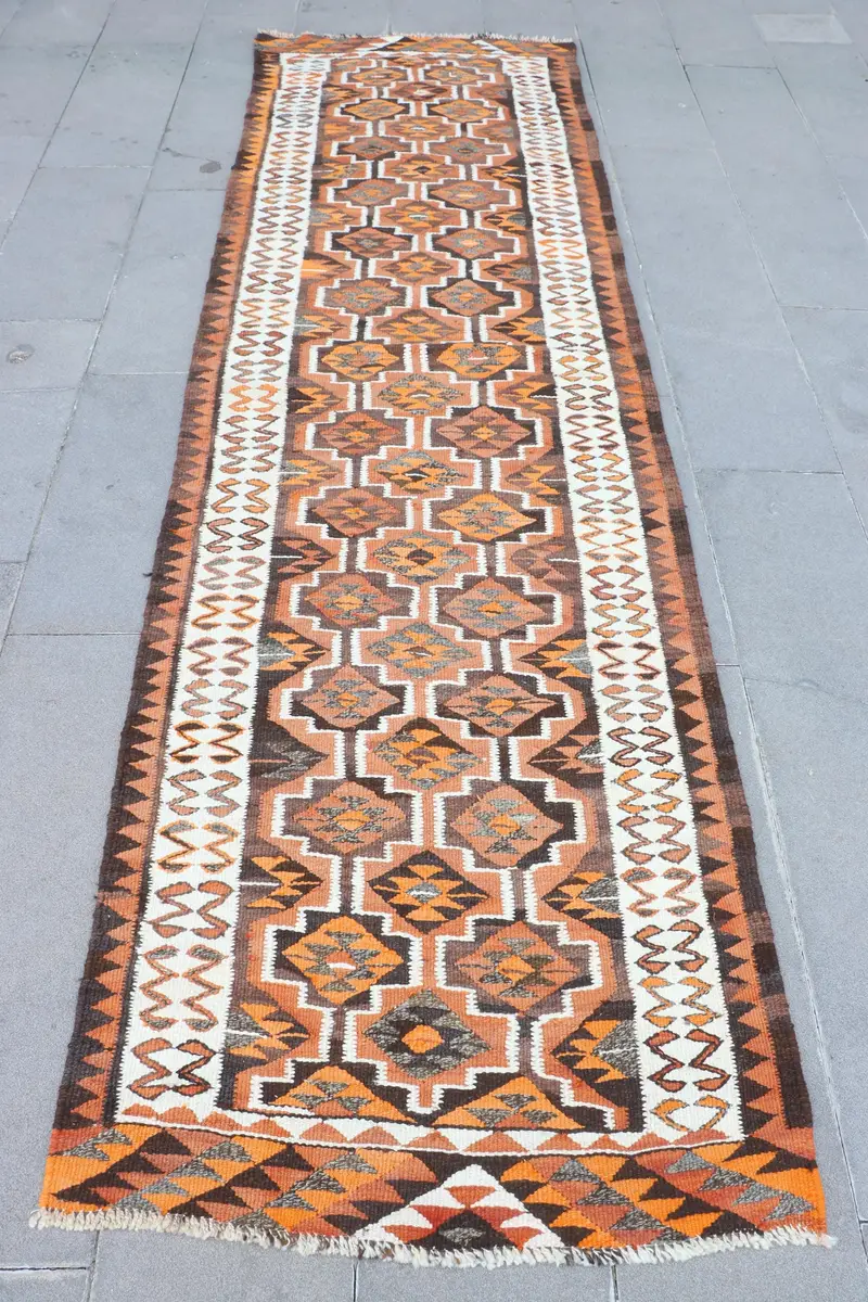 Turuncu & Bej Halı, 3,1x10,8 ft Bordürlü Tasarım