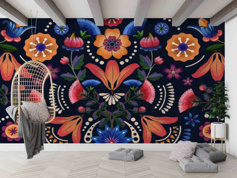 Papel pintado estampado elegante: flores abstractas de color naranja y azul de moda