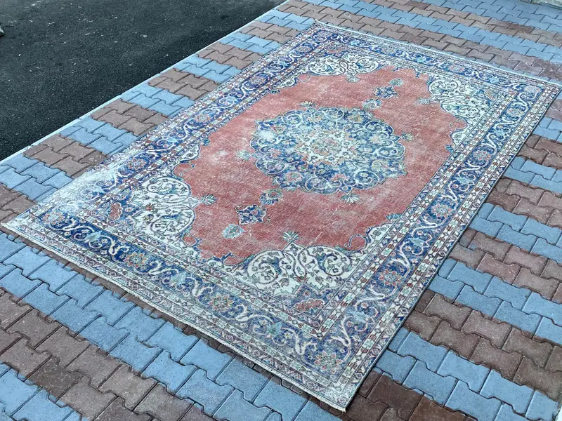 Mavi Çiçekli Halı, 7,3x10,8 ft Zarif Dekor