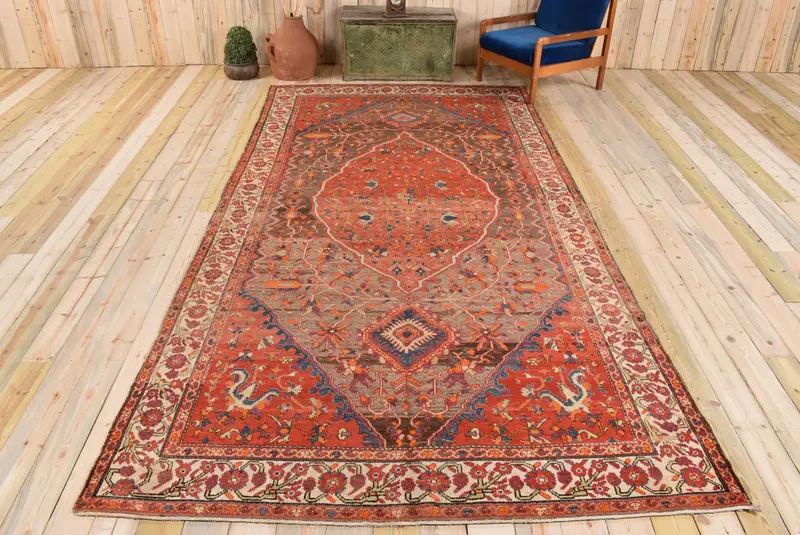 Red Oriental Rug, 6.8x13.1 ft with Green Accents