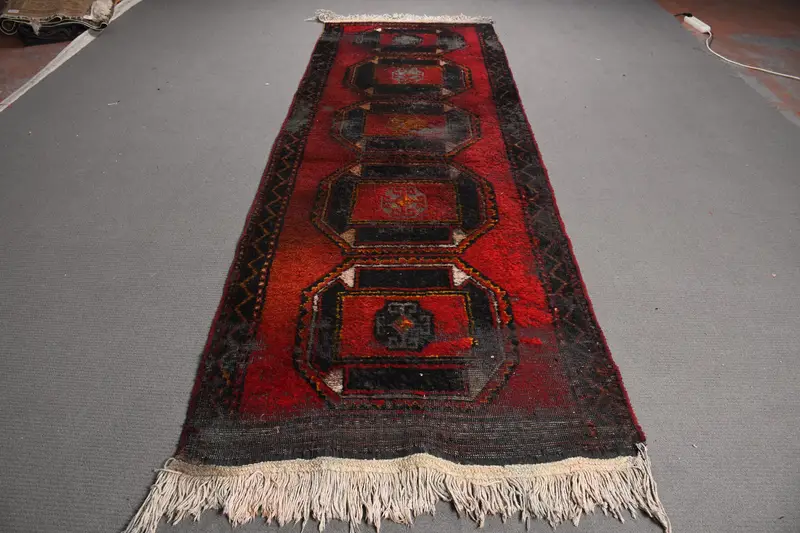 Turkish Vintage Runner Rug 3.7x10.8 ft, Red Black Oriental Rug - 1