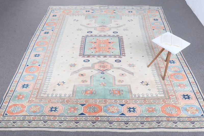 Handmade Beige & Green Rug, 0.7x9.3 ft Striped & Geometric