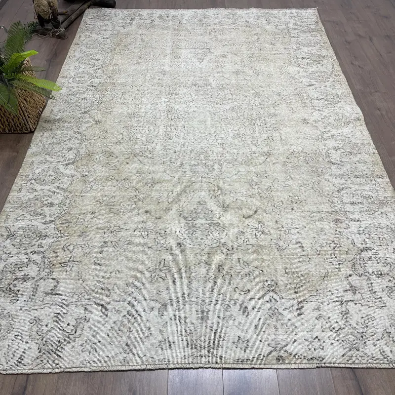 Alfombra turca de 6,2x9,5 pies, alfombra grande vintage, alfombra de cuadros grises - 1