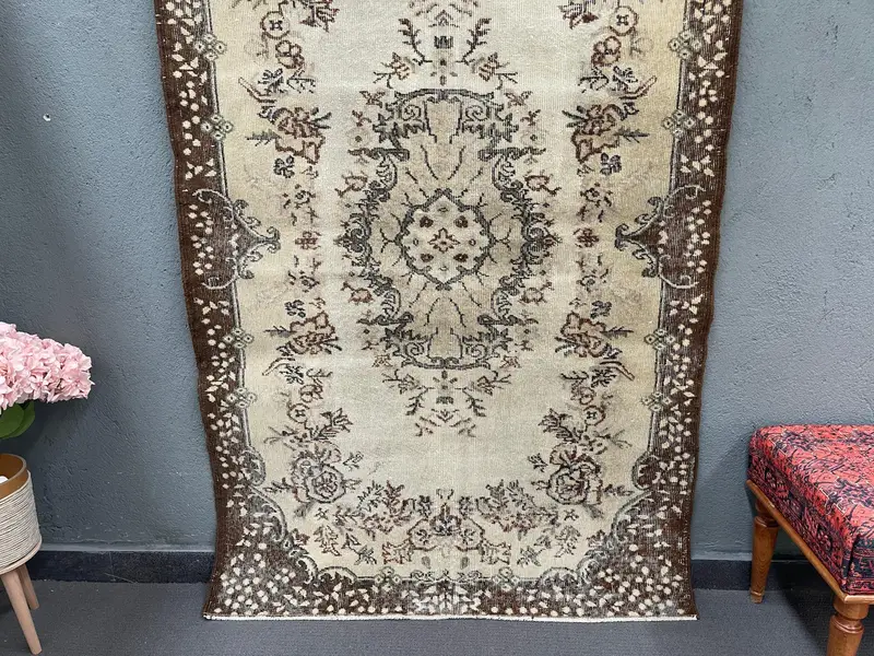 3.9x6.4 ft Rug, Vintage Turkish Rug, Brown Gray Animal Print Wool Rug - 1