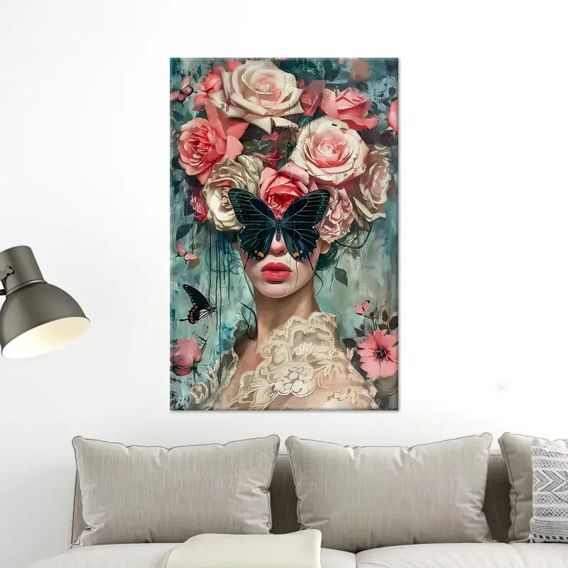 Mujer elegante mariposa y floral Lienzo