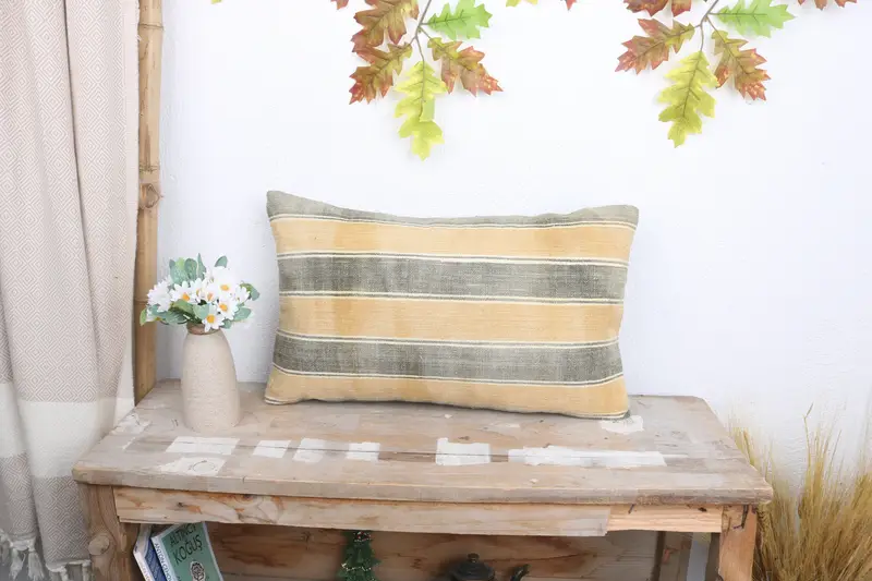 One Of A Kind Pillow Sham, Cushion Cover, Kilim Cushion Sham, Toss Pillow, Boho Pillow Sham Cover, 12x20 Yellow Cushion Case, Throw Kilim Pillow - 1