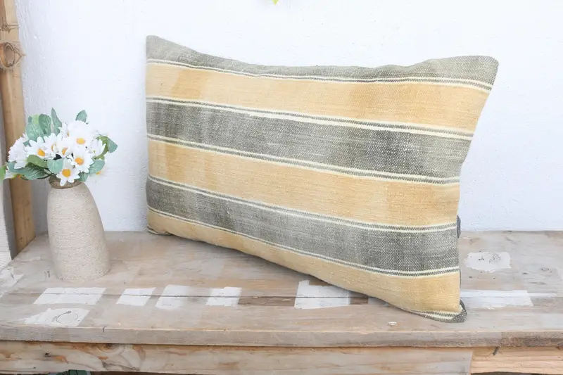 One Of A Kind Pillow Sham, Cushion Cover, Kilim Cushion Sham, Toss Pillow, Boho Pillow Sham Cover, 12x20 Yellow Cushion Case, Throw Kilim Pillow - 4