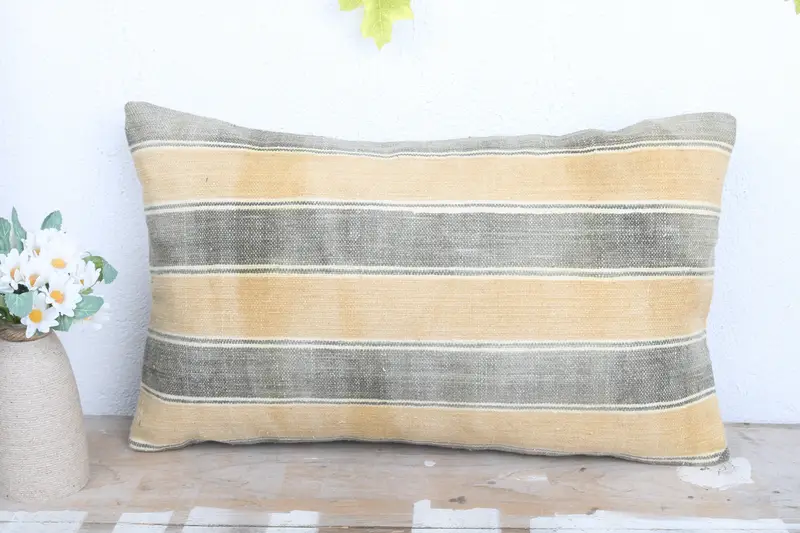One Of A Kind Pillow Sham, Cushion Cover, Kilim Cushion Sham, Toss Pillow, Boho Pillow Sham Cover, 12x20 Yellow Cushion Case, Throw Kilim Pillow - 2