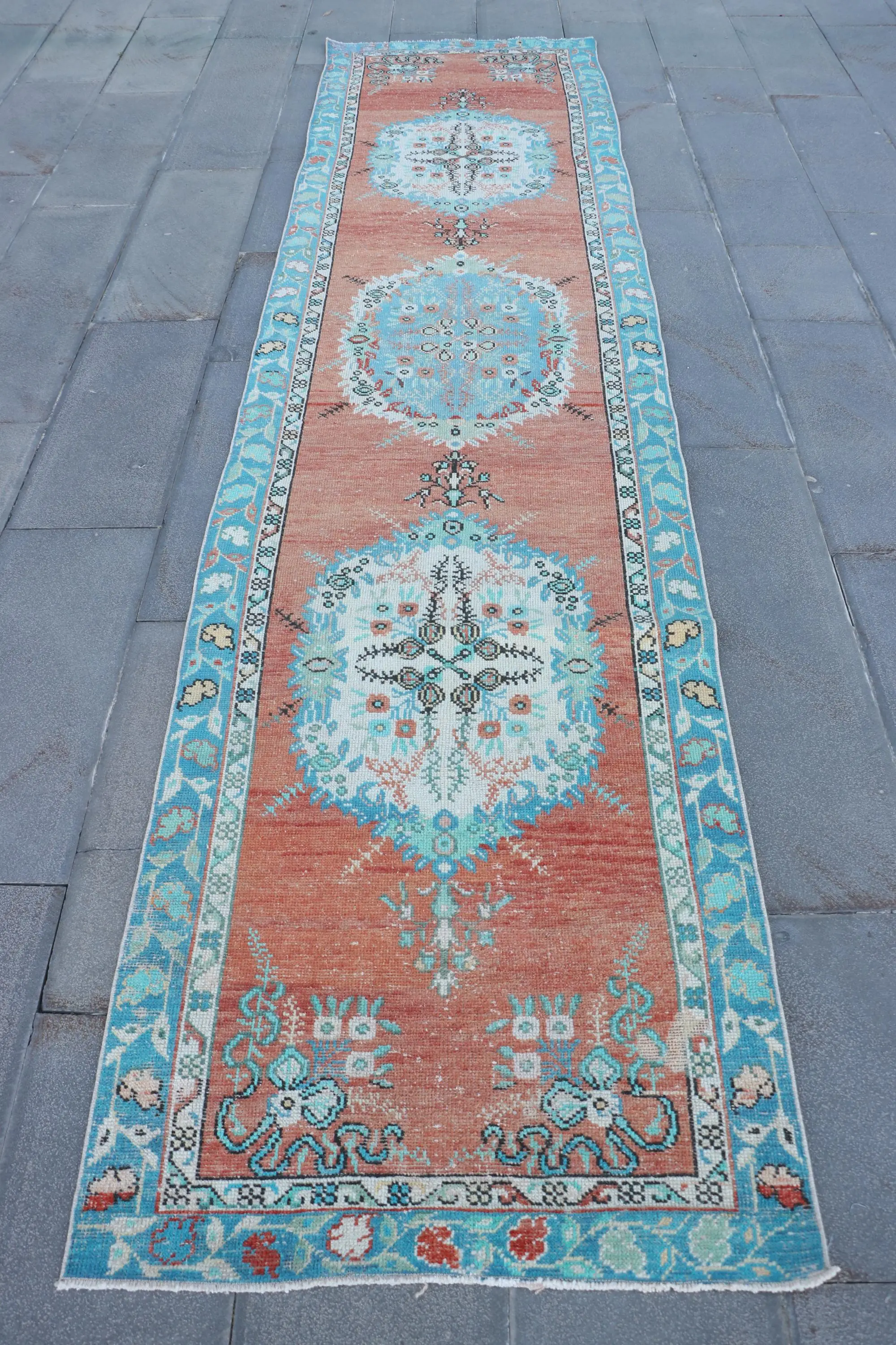 2.9x12.2 ft Turkish Rug, Vintage Runner Rug, Red Striped Wool Rug - 1
