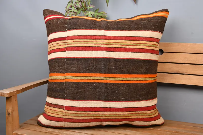 Almohada de tiro a rayas marrón y beige, cojín bordado 28x28