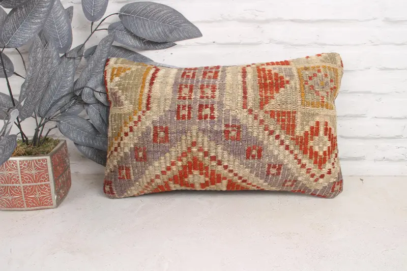 Ethnical Kilim Rug Pillow, Couch Pillow Sham, 12x20 Red Cushion Case, Vintage Kilim Throw Pillow, Cushion Cover, Gift Pillow - 1