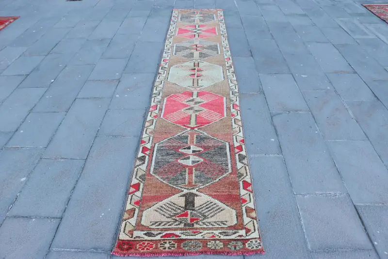 Vintage Rug, 2.2x12.2 ft Runner Rug, Red Brown Herki Wool Rug - 1