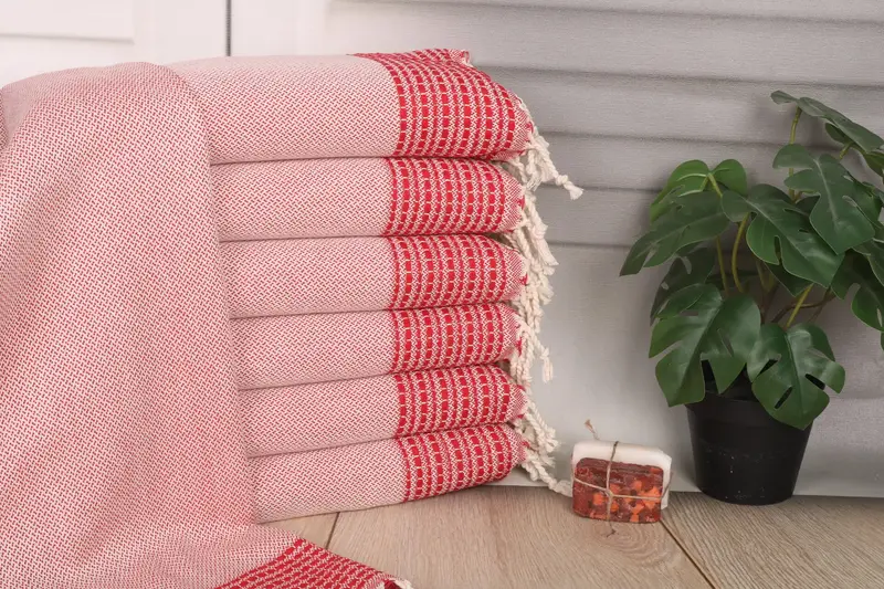 Red Cotton Tea Towel Personalized Small Bath Towel, Striped, 20x40 Inches