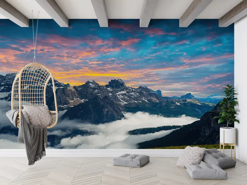 Basılı Duvar Kağıdı: Dağlarda Gün Batımı, Dolomites Alpleri, İtalya