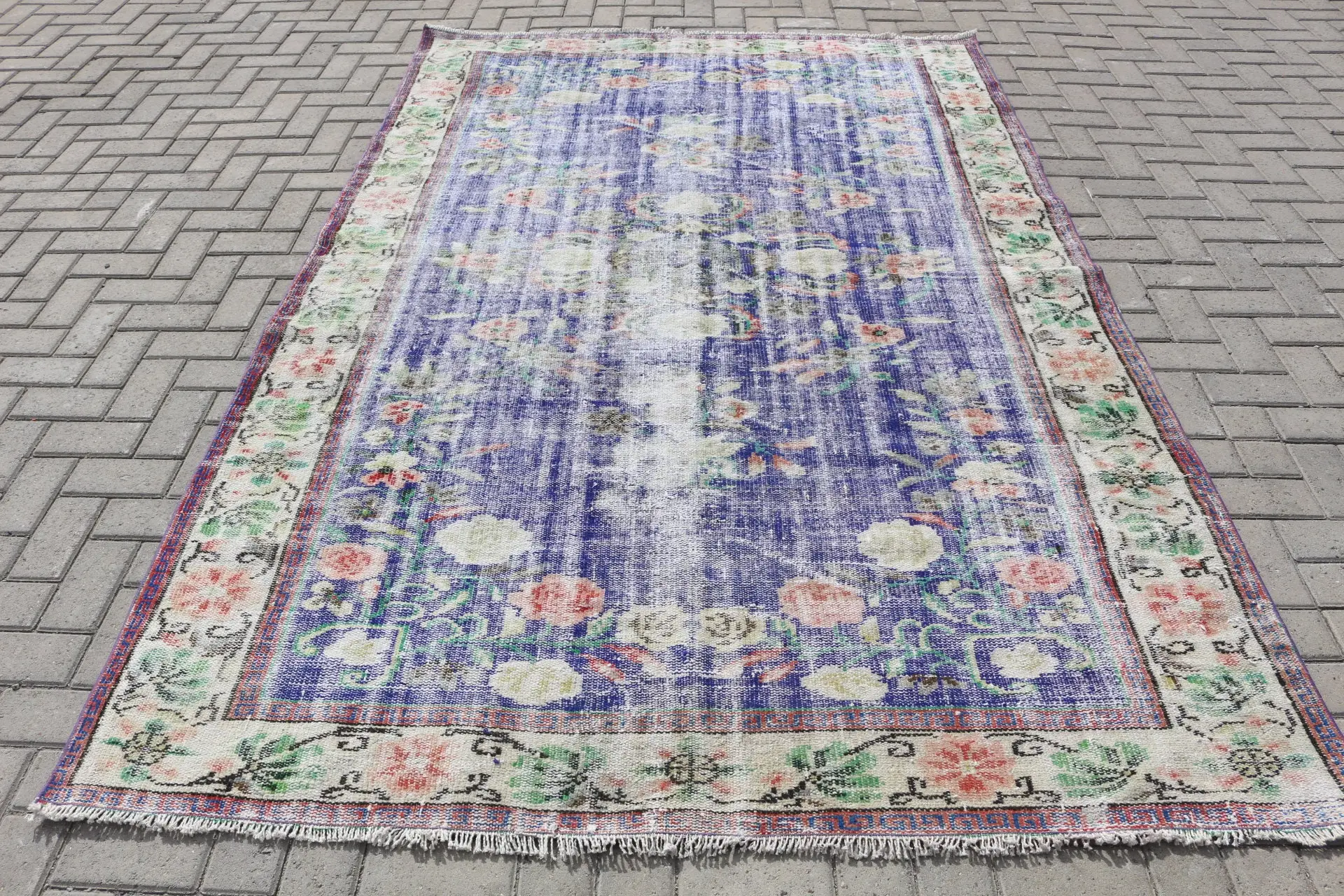 Vintage Turkish Rug, 5.9x9 ft Rug, Blue Large Oriental Rug - 1