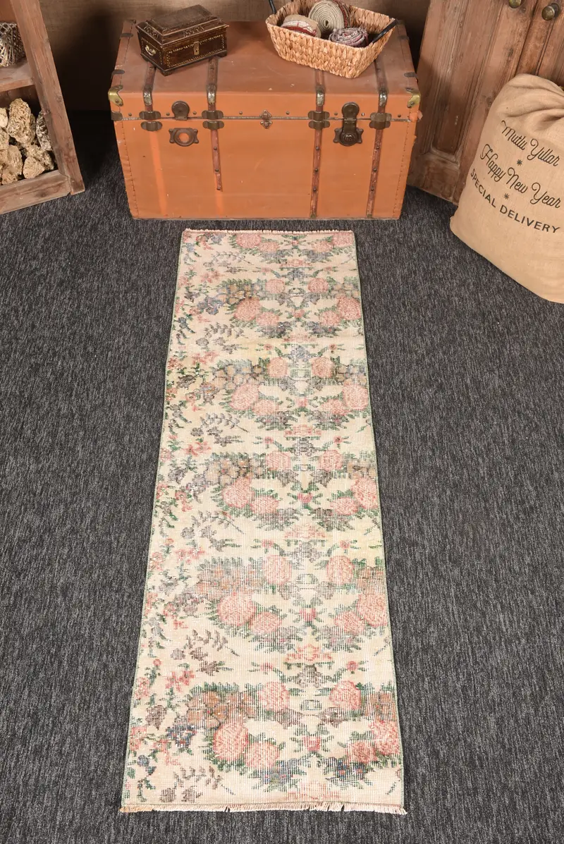 Vintage Turkish Rug 2.1x6.2 ft, Beige Oushak Floral Rug - 1