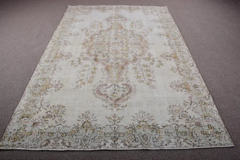 Turkish Rug, 5.9x9 ft Large Rug, White Yellow Oushak Wool Rug - 1