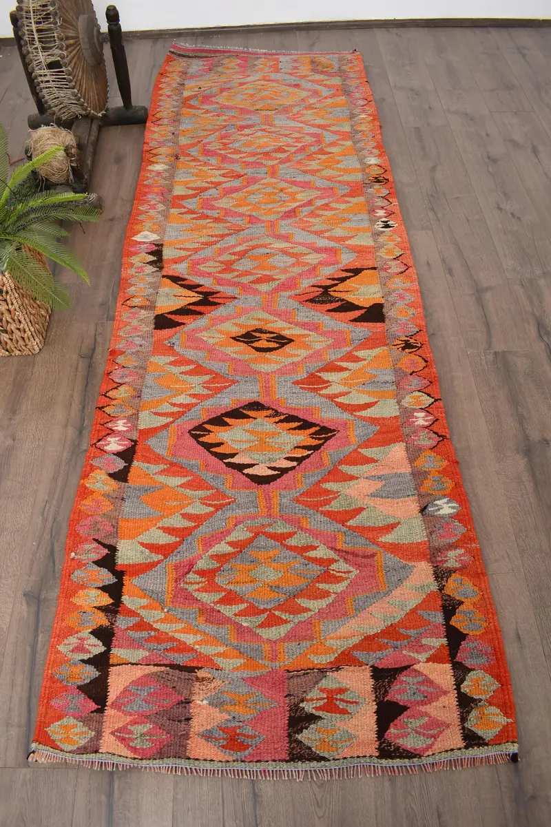 Vintage Rug, Runner 3.1x9.5 ft Turkish Rug, Orange Pink Wool Rug - 1