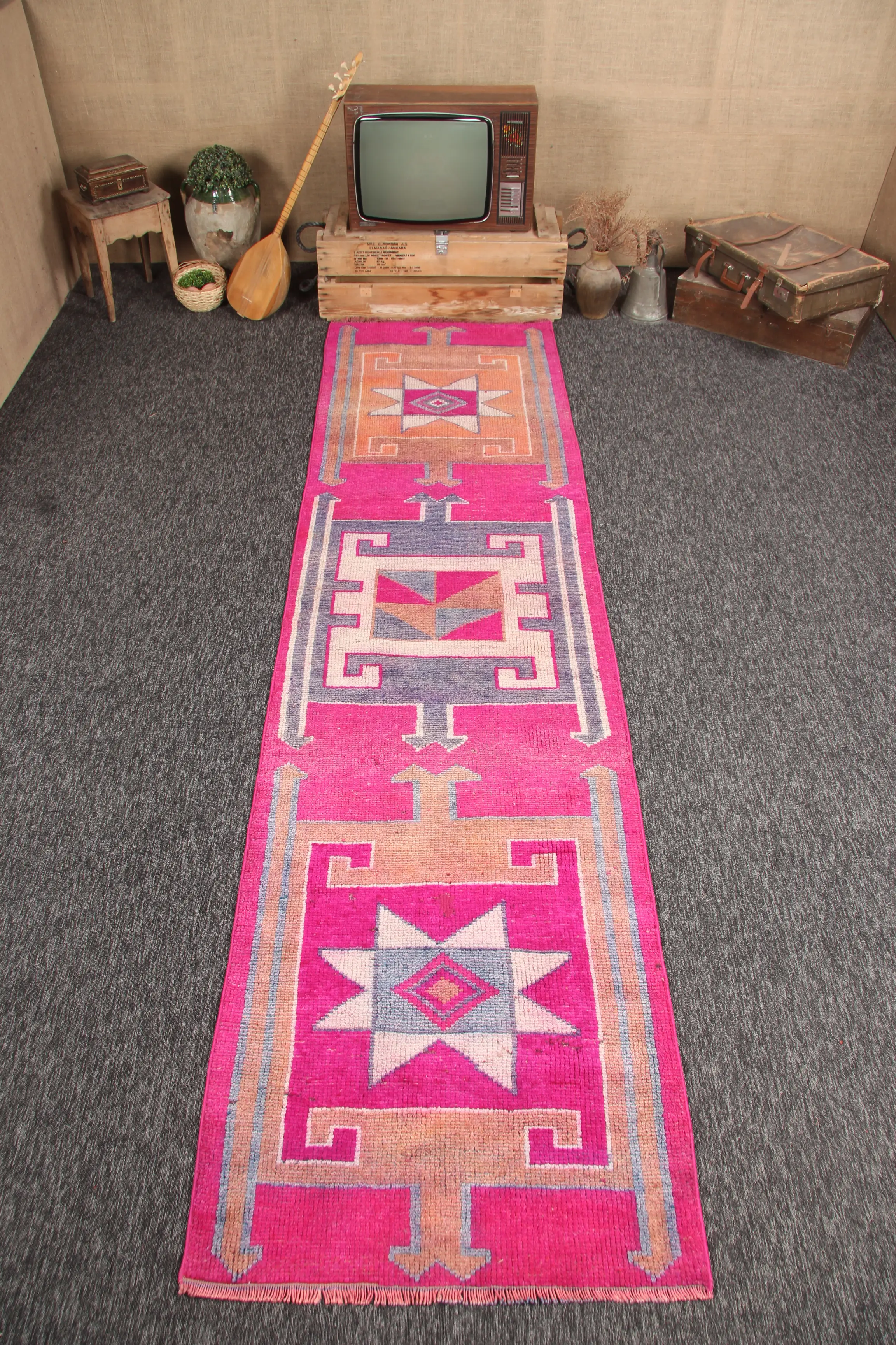 3x11.5 ft Turkish Small Rug, Pink Gray Vintage Geometric Rug - 1