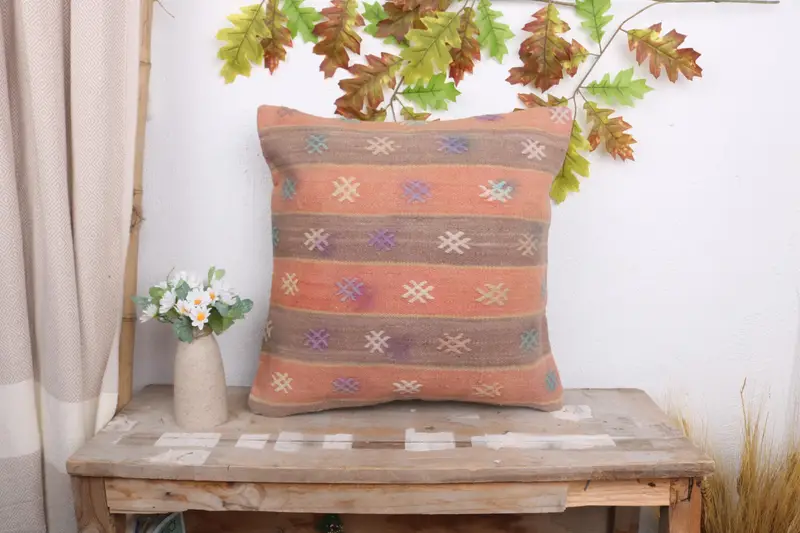Pillow Sham, 18x18 Orange Pillow Sham, Boho Pillow Sham Cover, Art Deco Pillow Cover, Antique Pillows, Throw Kilim Pillow - 1