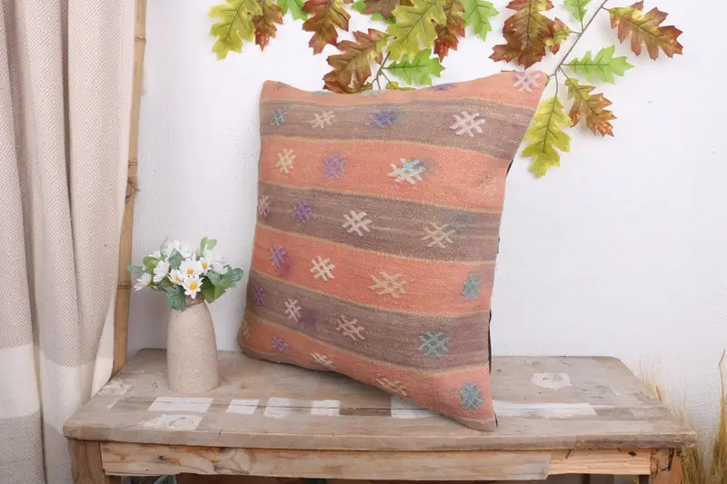 Pillow Sham, 18x18 Orange Pillow Sham, Boho Pillow Sham Cover, Art Deco Pillow Cover, Antique Pillows, Throw Kilim Pillow - 4