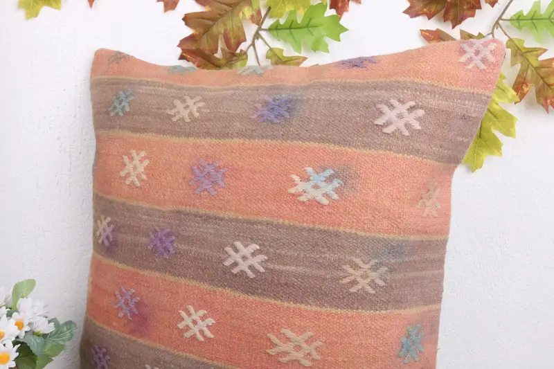 Pillow Sham, 18x18 Orange Pillow Sham, Boho Pillow Sham Cover, Art Deco Pillow Cover, Antique Pillows, Throw Kilim Pillow - 5