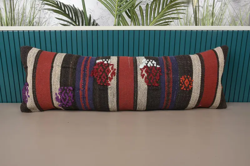 Throw Antique Wool Pillowcase, 12x35 inch TexturedBeige Striped Pillow - 1