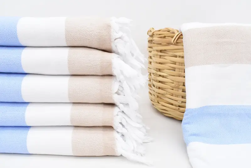 Handmade Organic Cotton Baby Blue-Beige Striped Terry Bath Towel, 63x36 Inches