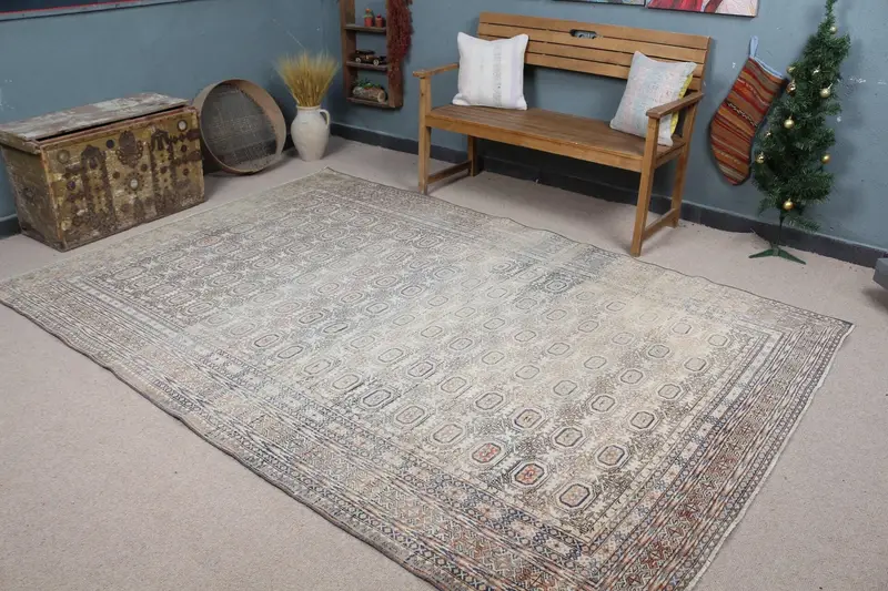 エレガントなブラウン&ブルーラグ、6.3x9.3フィートの水玉模様デザイン