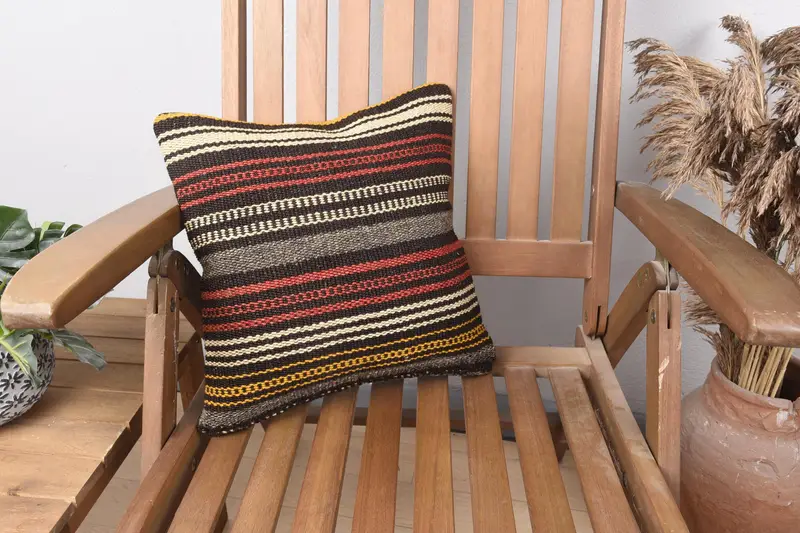 Small Square Turkish Striped Cushion Cover, Red Gift 14x14 inch Pillow - 1