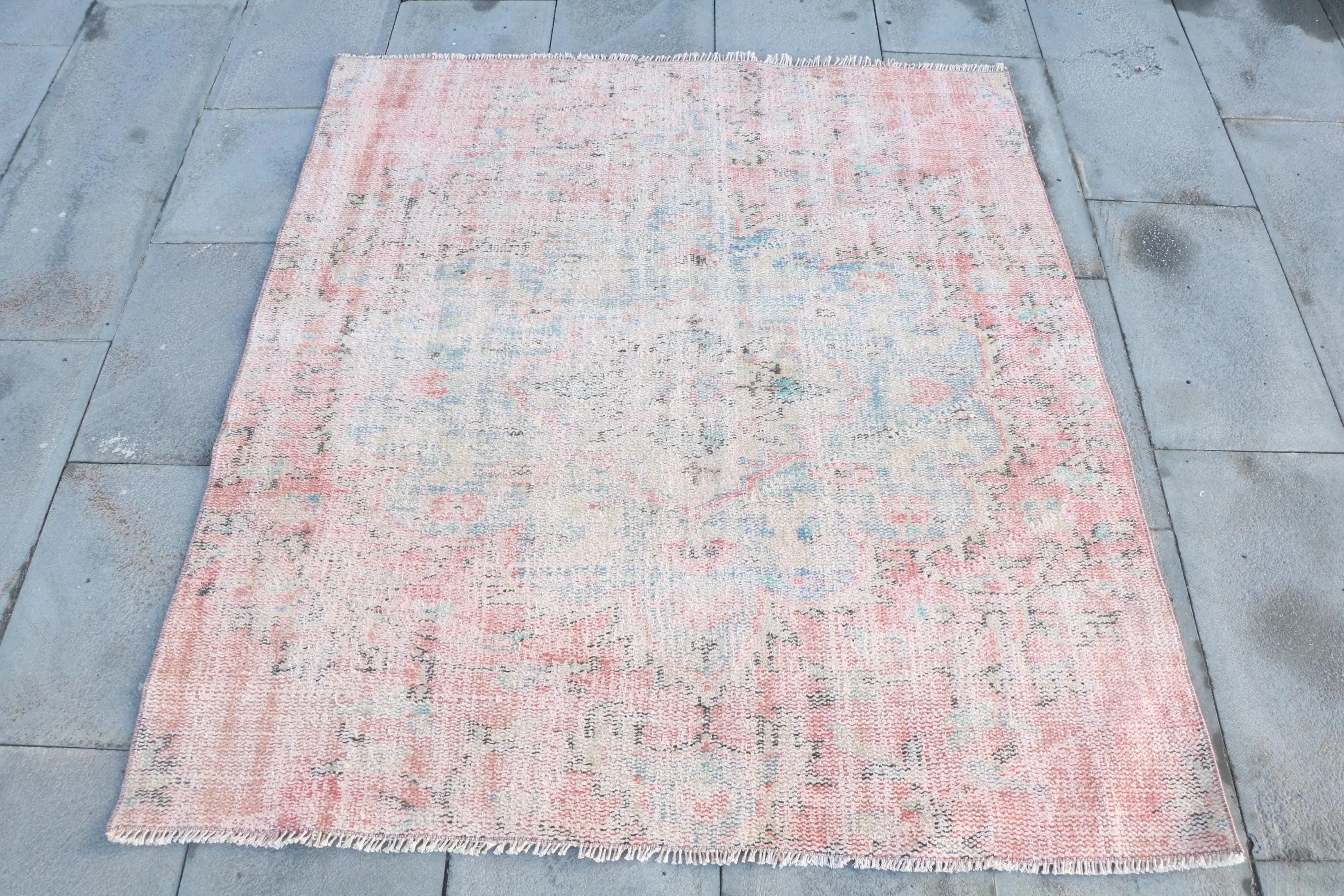 4.1x4.5 ft Accent Vintage Halı, Türk Halısı, Pembe Mavi Çizgili Yün Halı - 1