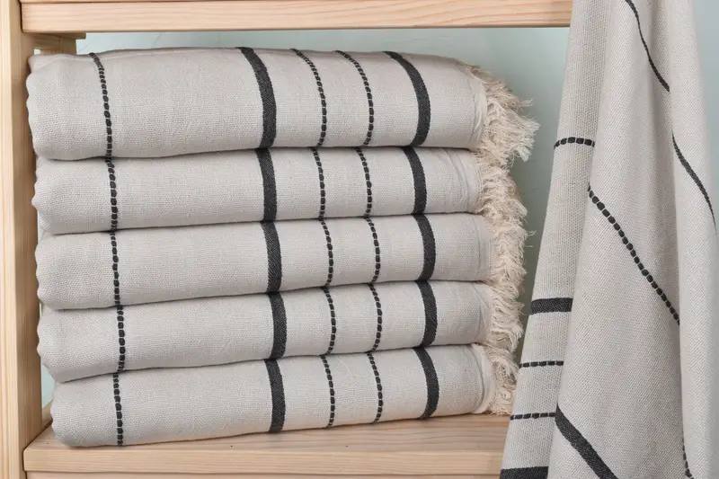 Personalized Cream-Gray Striped Towel, Organic Cotton/Linen, 40x71 Inches