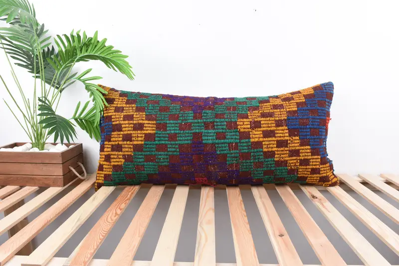 Vintage Kilim Pillow, Cushion, Aztec Pillow Case, Ethnical Kilim Rug Pillow, Handmade Kilim Cushion, Decorative Pillow Case, 16x36 Green Pillow - 1