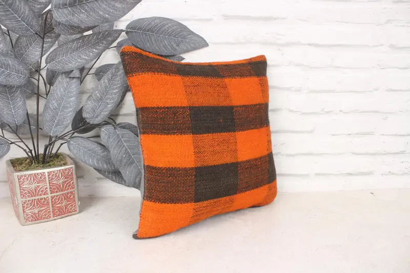 14x14 Caja de almohada de naranja, almohada de kilim vintage, cubierta de almohada chic de la almohada, almohada de diseñador de interiores, cojín de kilim hecho a mano - 2