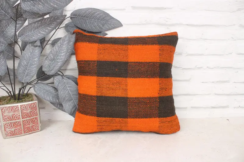 14x14 Caja de almohada de naranja, almohada de kilim vintage, cubierta de almohada chic de la almohada, almohada de diseñador de interiores, cojín de kilim hecho a mano - 1