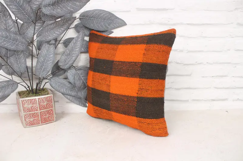 14x14 Caja de almohada de naranja, almohada de kilim vintage, cubierta de almohada chic de la almohada, almohada de diseñador de interiores, cojín de kilim hecho a mano - 4