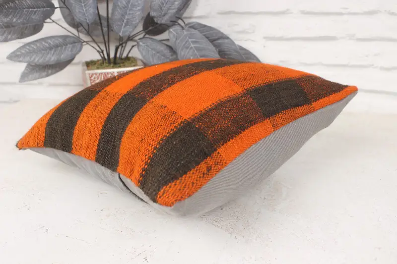 14x14 Caja de almohada de naranja, almohada de kilim vintage, cubierta de almohada chic de la almohada, almohada de diseñador de interiores, cojín de kilim hecho a mano - 6