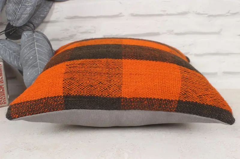 14x14 Caja de almohada de naranja, almohada de kilim vintage, cubierta de almohada chic de la almohada, almohada de diseñador de interiores, cojín de kilim hecho a mano - 5