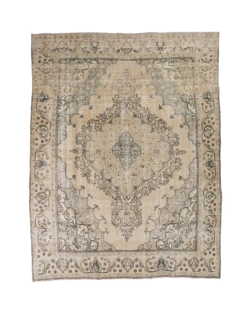 Zarif Bej ve Mavi Kareli Halı, 9,5x12,6 ft Şık Dekor