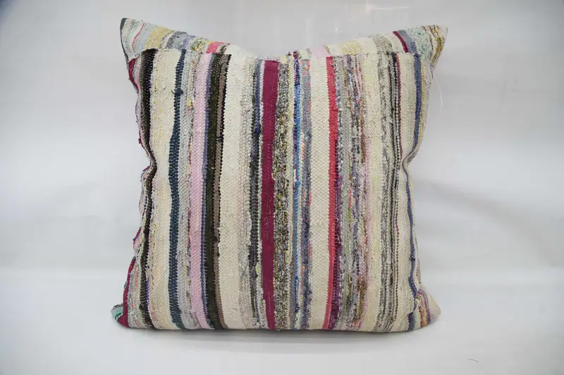 White Turkish Striped Pillow, 32x32 inch Minimalist Moroccan Cushion Case - 1