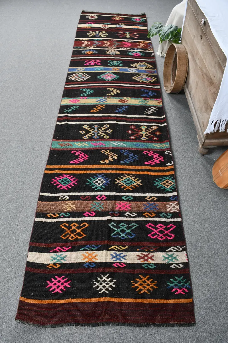 Elegant Black Moroccan Rug, 2,8x11,5 ft with Green Accents